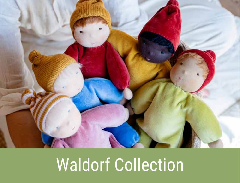 A selection of handcrafted Kathe Kruse Waldorf cuddly soft dolls in an assortment of colours from Mercurius Australia