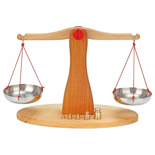 70428730 Gluckskafer Wooden Balance Scales w 5 Brass Weights 39cm